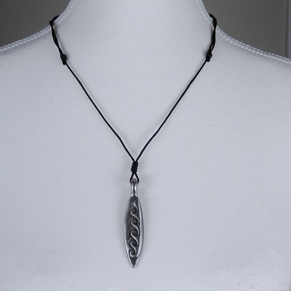 New Pewter Surfboard Wave Pendant Necklace Adjustable Black Cord Nickel Free‎